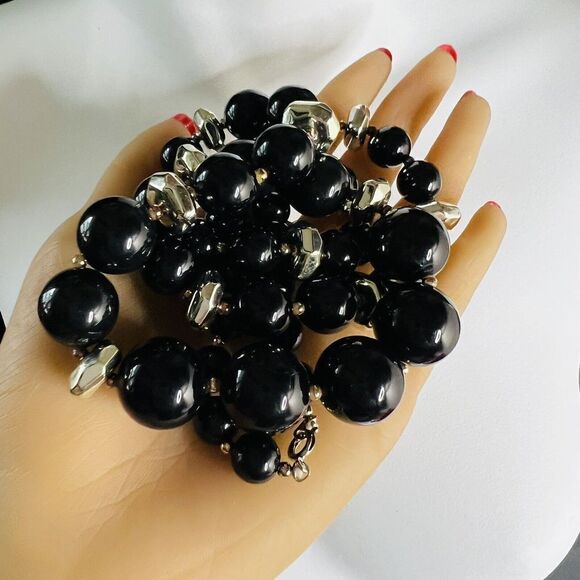 Vintage Black Silver Tone Lucite Statement Beaded Graduated Beads Necklace - Picture 2 of 7